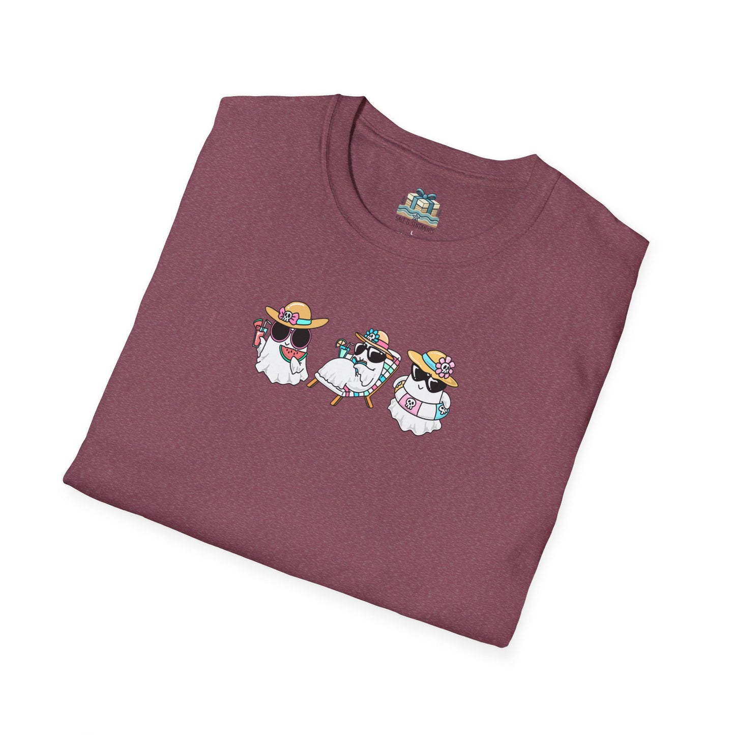 Folded maroon t-shirt with cartoon dog design on a white background