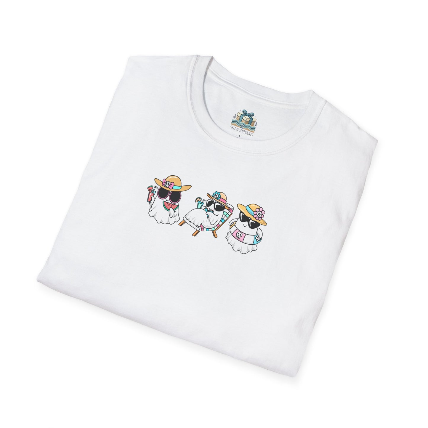 White t-shirt with cartoon dog design on a white background