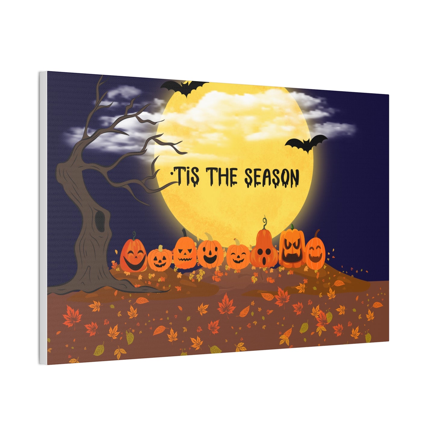 Halloween-themed decorative panel with pumpkins, a moon, and 'Tis the Season text.