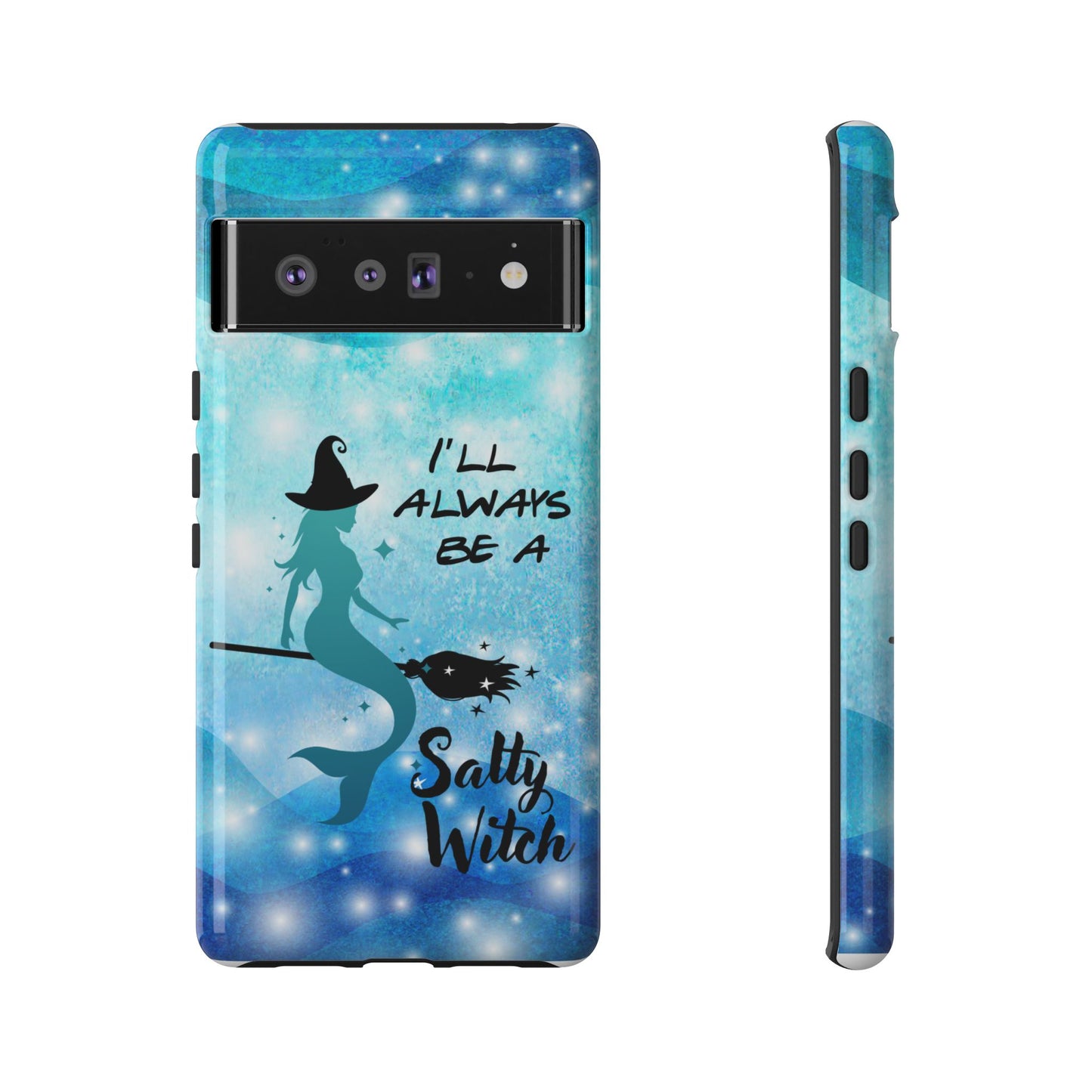 Protect your Google Pixel 6 Pro with this Salty Witch Mermaid case. Dual layer, glossy finish, wireless charging ready. Fits many Pixel models.