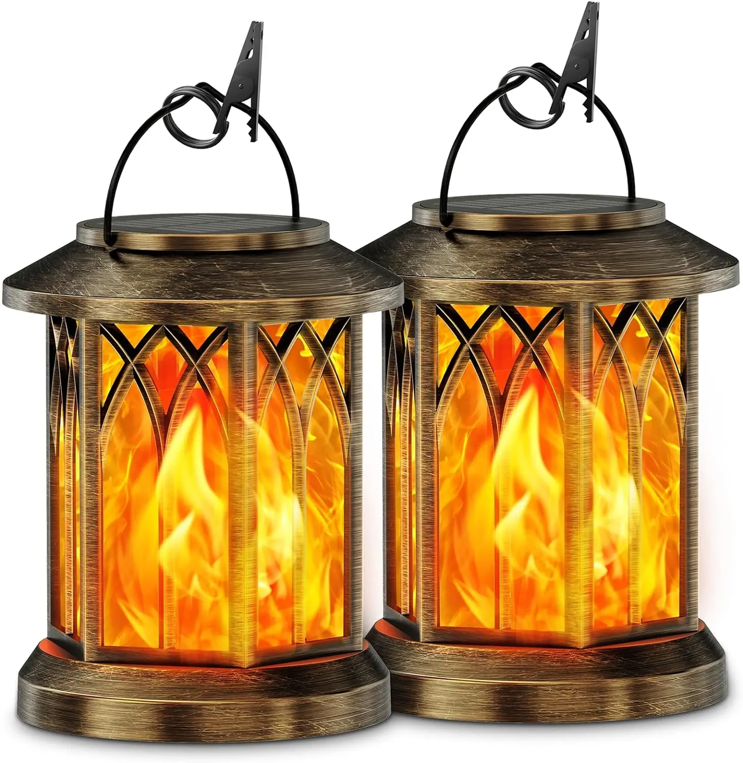 Two decorative lanterns with flame-like interior lighting on a white background