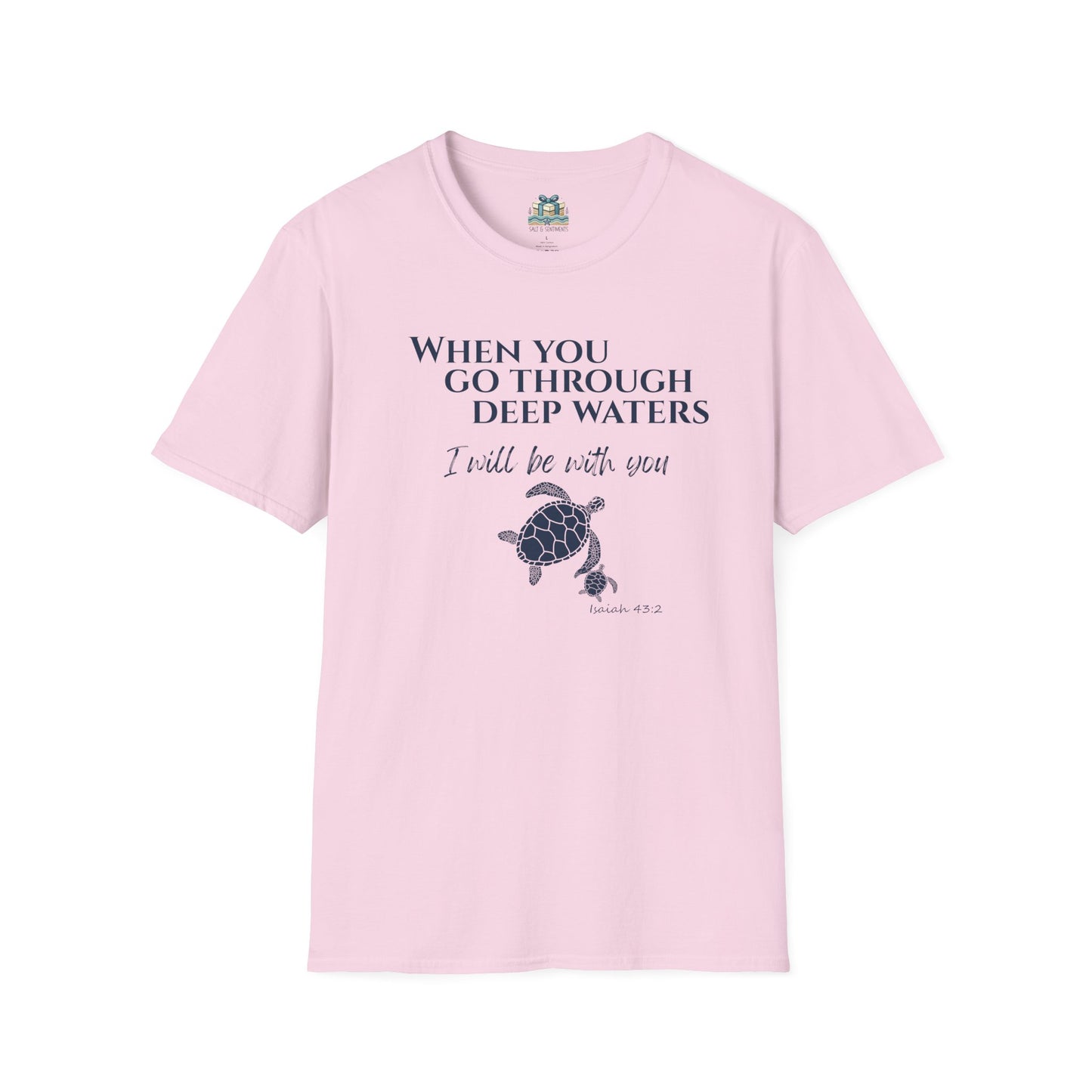 Pink t-shirt with turtle graphic and text on a white background