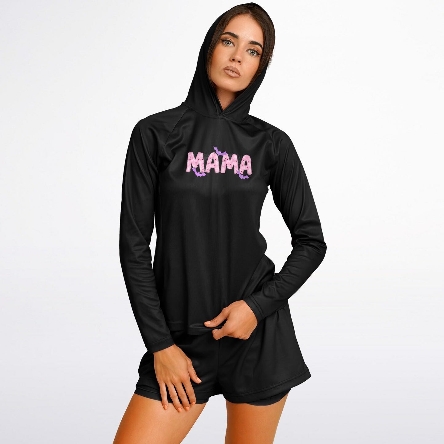 Black hoodie with 'MAMA' text on a plain background