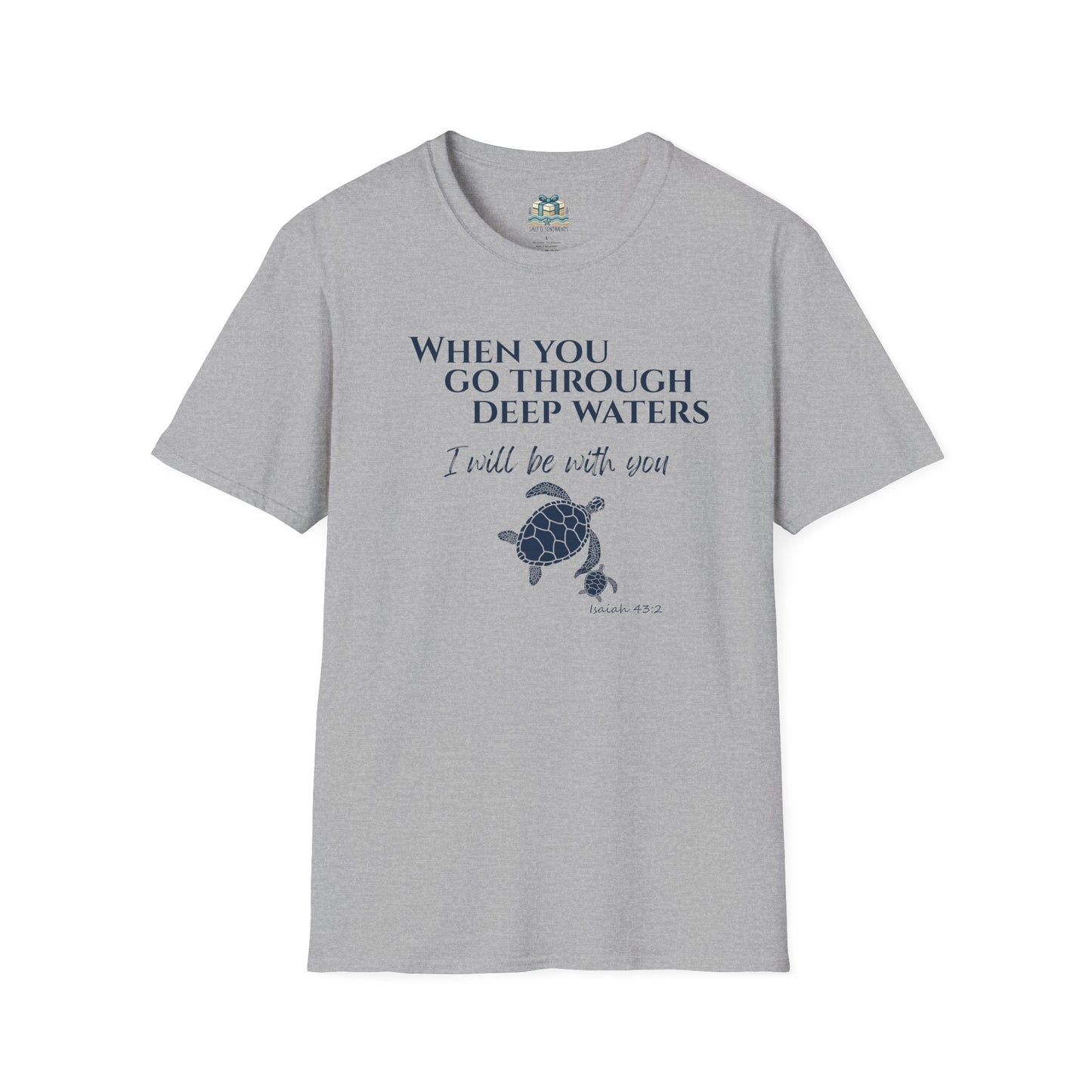 Gray t-shirt with turtle design and text on a white background
