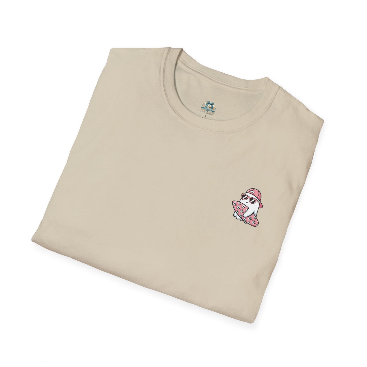 Folded beige t-shirt with a small graphic on a white background