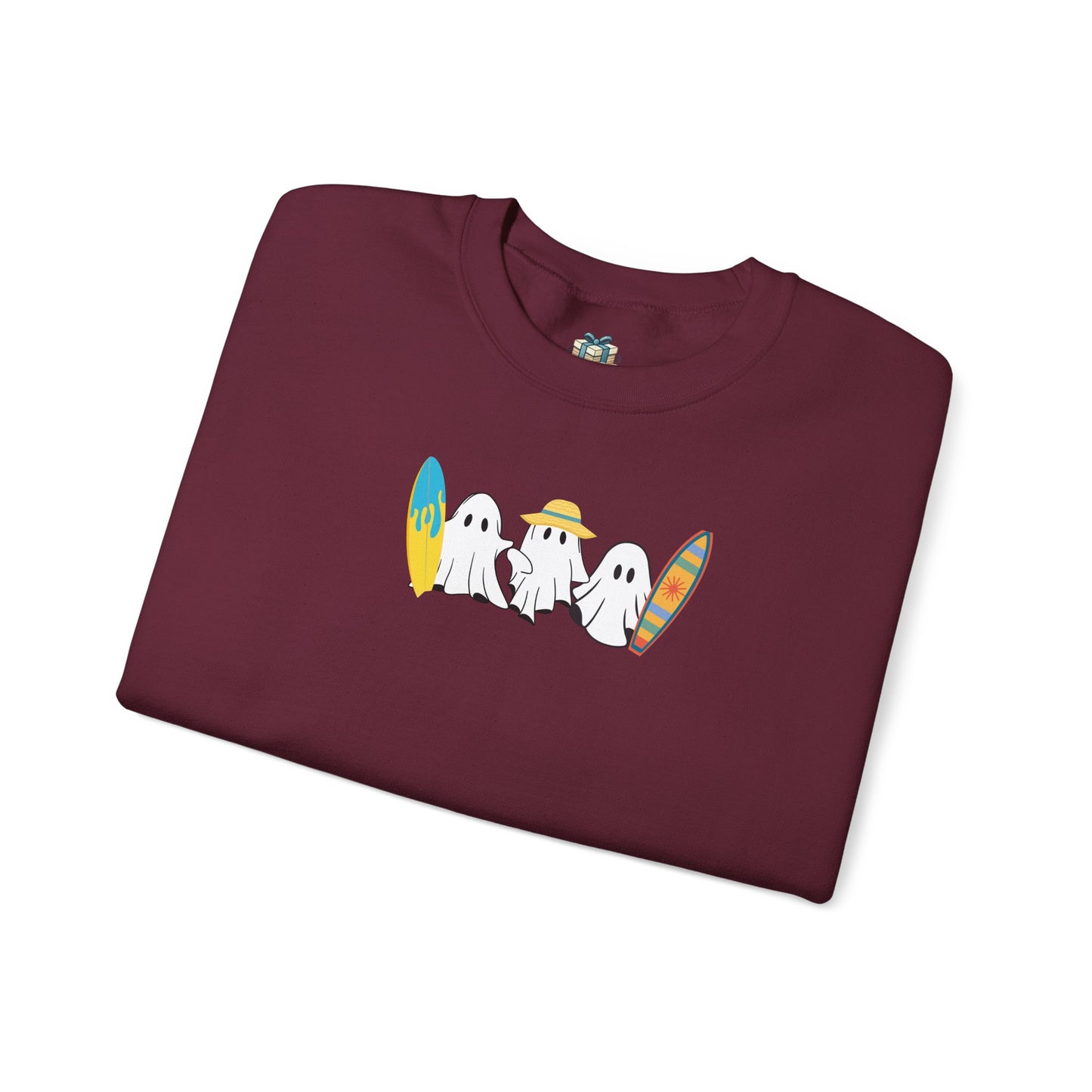 Folded maroon t-shirt with ghost graphic on a white background