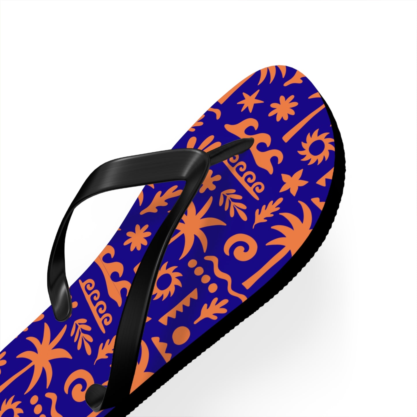 Flip-flop with a blue and orange pattern on a white background