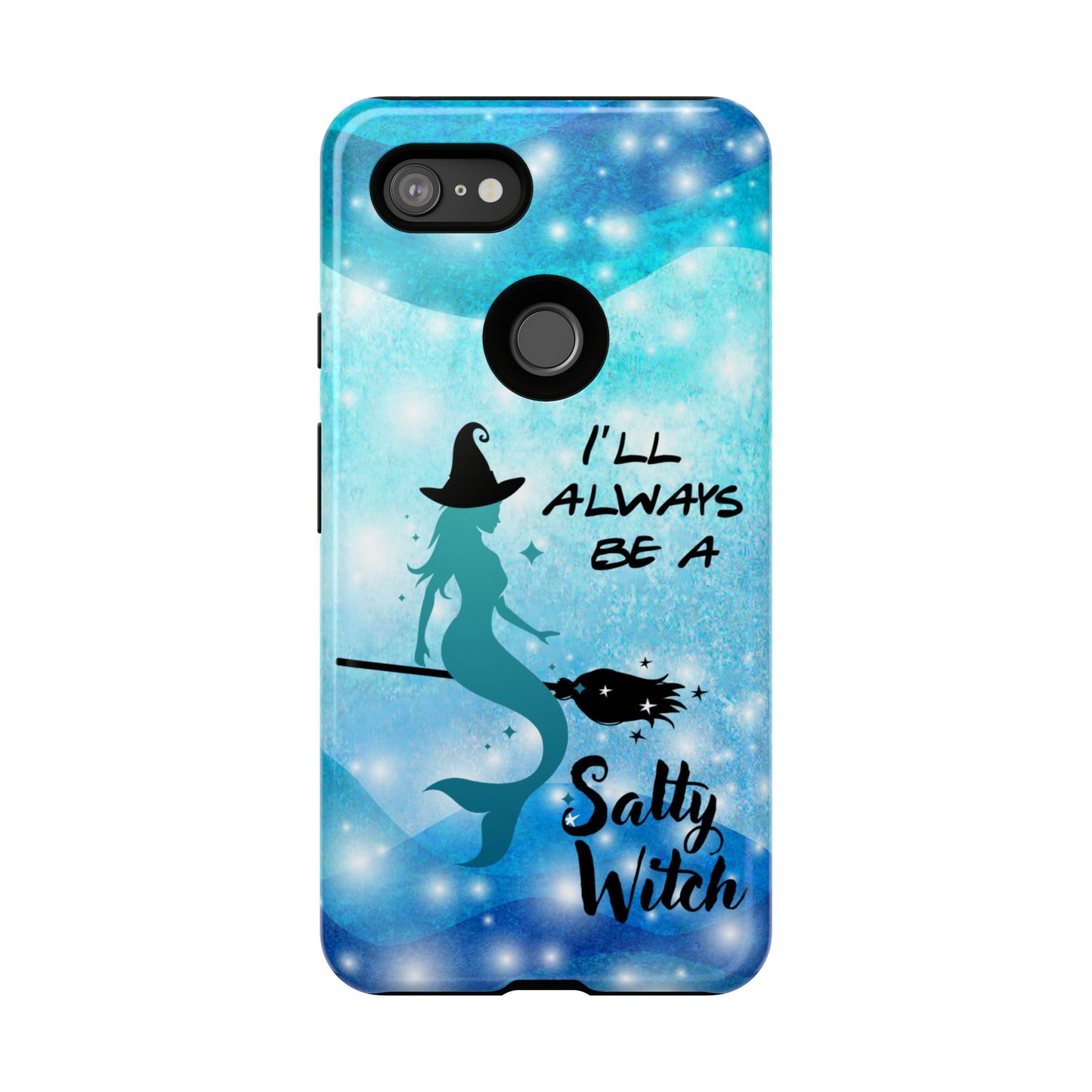 Protect your Google Pixel 3a with this Salty Witch Mermaid case. Dual layer, glossy finish, wireless charging ready. Fits many Pixel models.