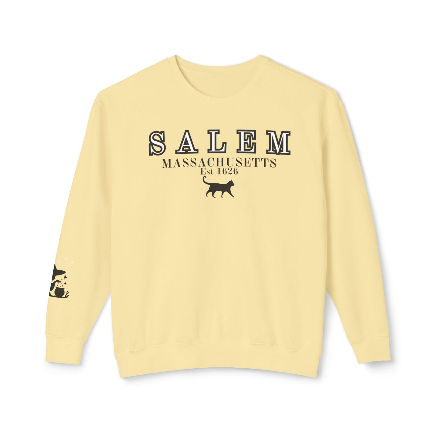 Salem, Massachusetts Est. 1629 Halloween Sweatshirt - Custom Design with Witch & Black Cat