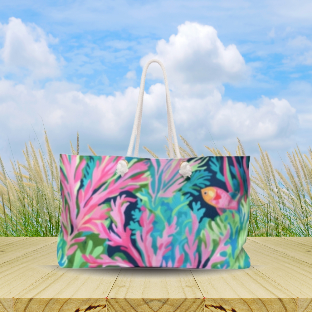 Oversized beach bag with vibrant pink coral and tropical fish design