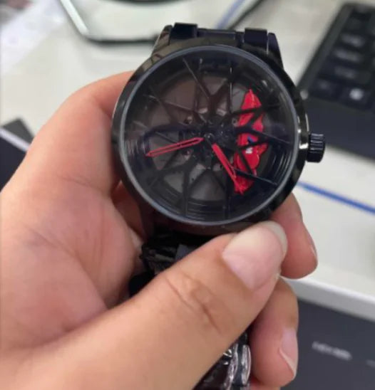 Black Sport Automotive Watch with Red Accents and Brake Rotor Dial