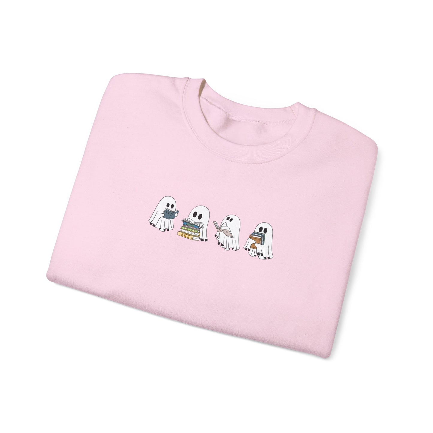Four cartoon ghosts reading and stacking books on a cozy pink crewneck sweatshirt