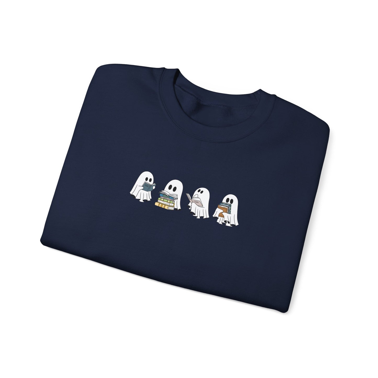 Bookish ghost characters on soft navy blue autumn sweatshirt