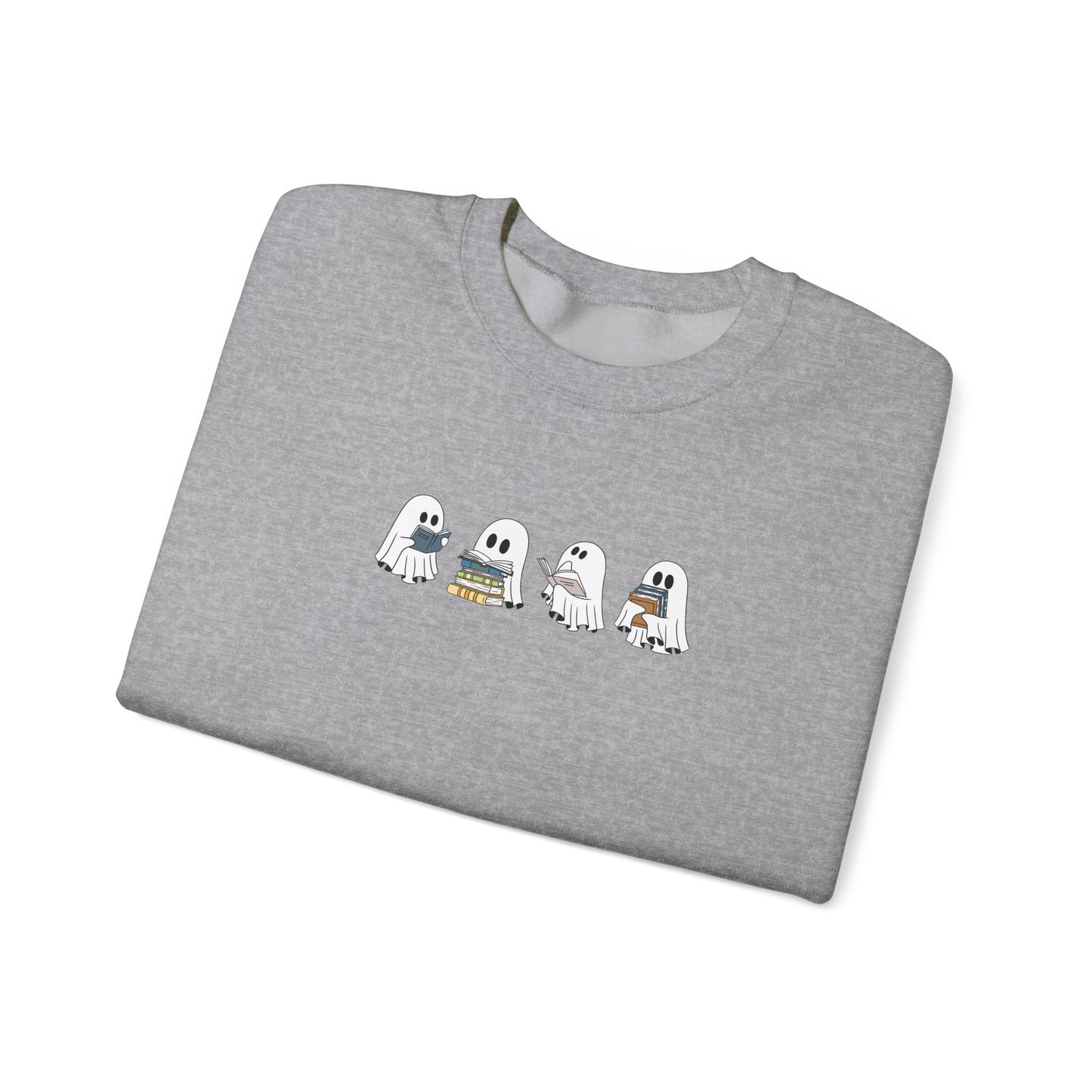 Cute reading ghosts on Halloween-themed gray sweatshirt