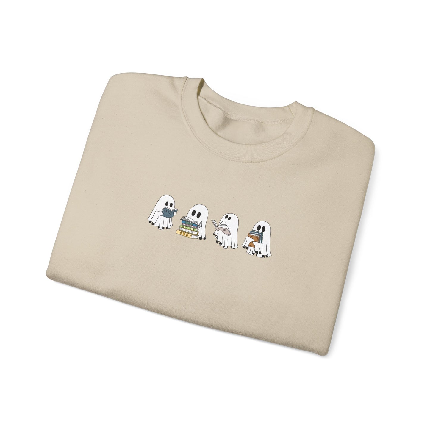 Cozy ghost reading sand -colored sweatshirt for fall lovers