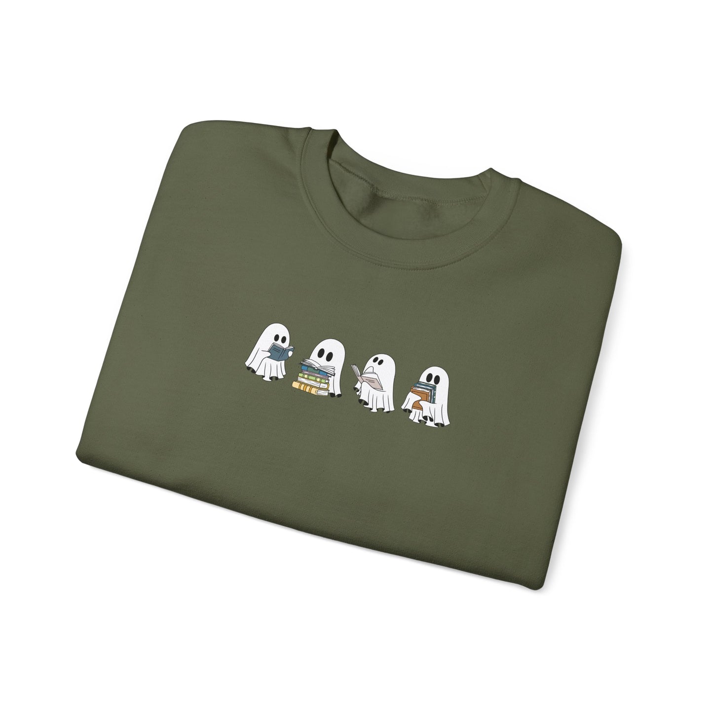 Olive green sweatshirt with spooky ghost book club print