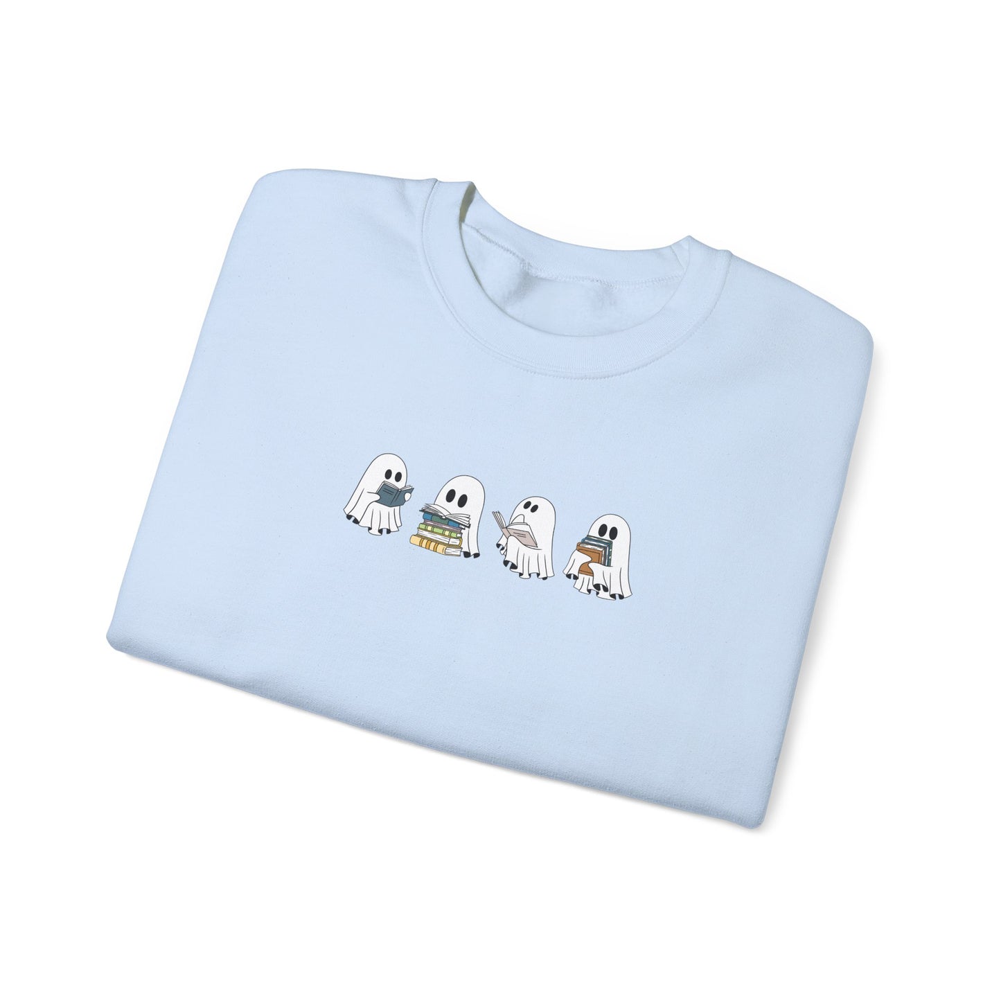 Book-loving ghosts design on cozy baby blue fall sweatshirt