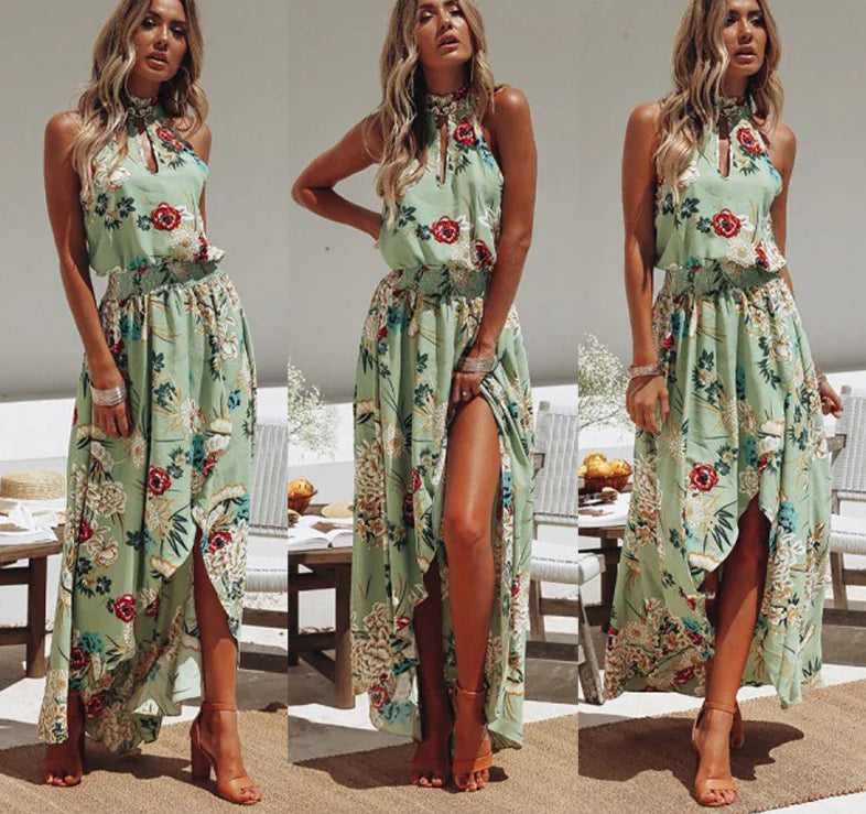 Vibrant boho maxi dress with sleeveless chic design