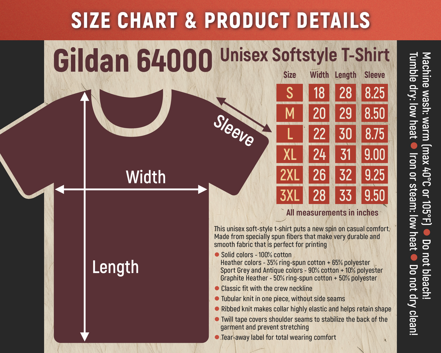 “Gildan 64000 unisex Softstyle T-shirt size chart and product details. The chart displays measurements in inches for sizes S through 3XL. Widths: S 18", M 20", L 22", XL 24", 2XL 26", 3XL 28". Lengths: S 28", M 29", L 30", XL 31", 2XL 32", 3XL 33". Sleeve lengths: S 8.25", M 8.50", L 8.75", XL 9.00", 2XL 9.25", 3XL 9.50". Graphic includes a T-shirt outline with labeled width, length, and sleeve arrows.