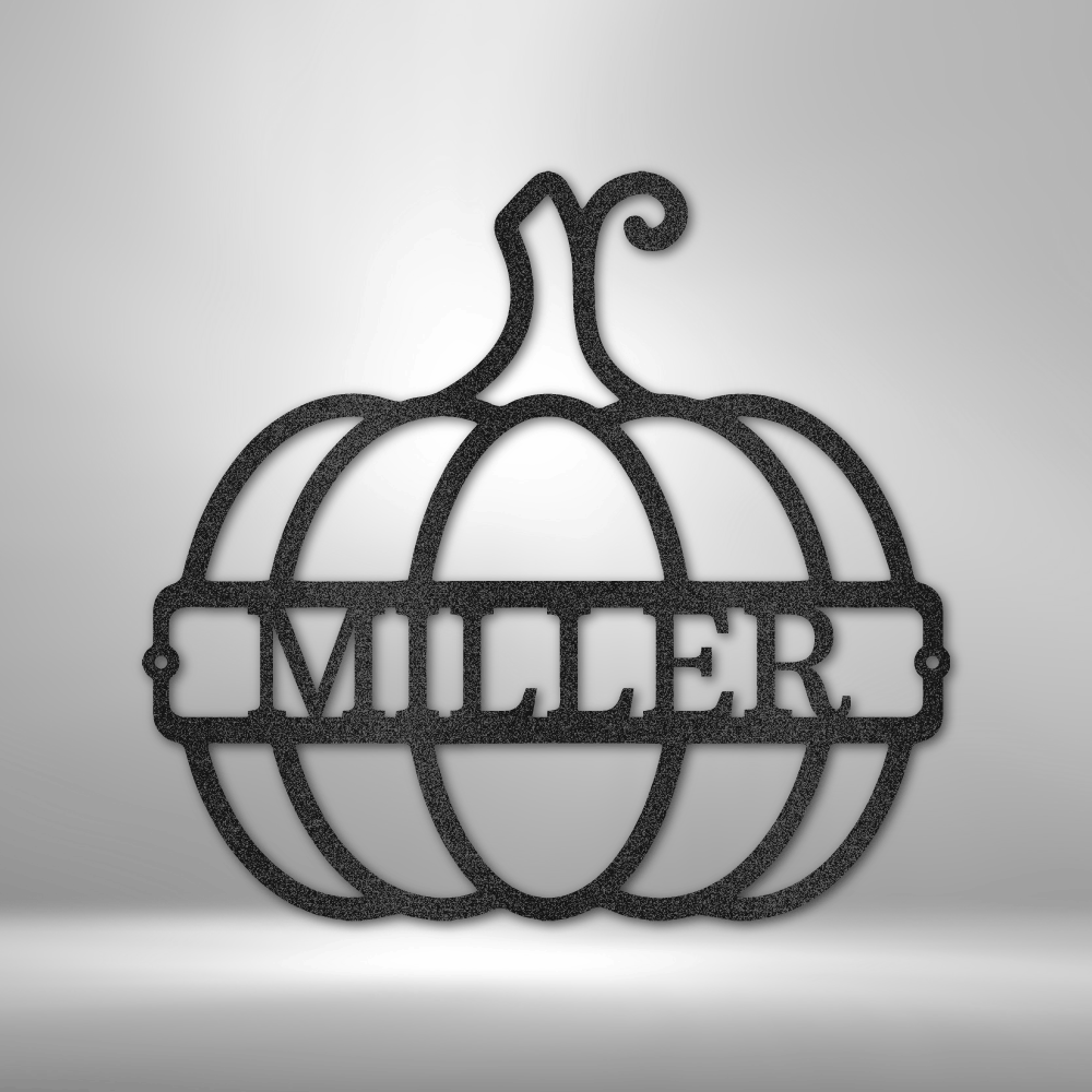 Personalized pumpkin metal sign with custom family name in black powder-coated steel.