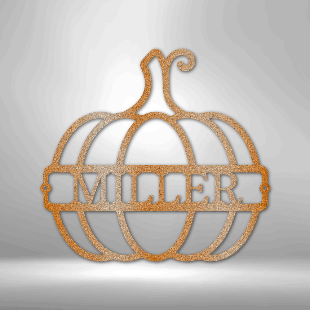 Outdoor fall décor pumpkin sign, custom last name, bronze steel construction.