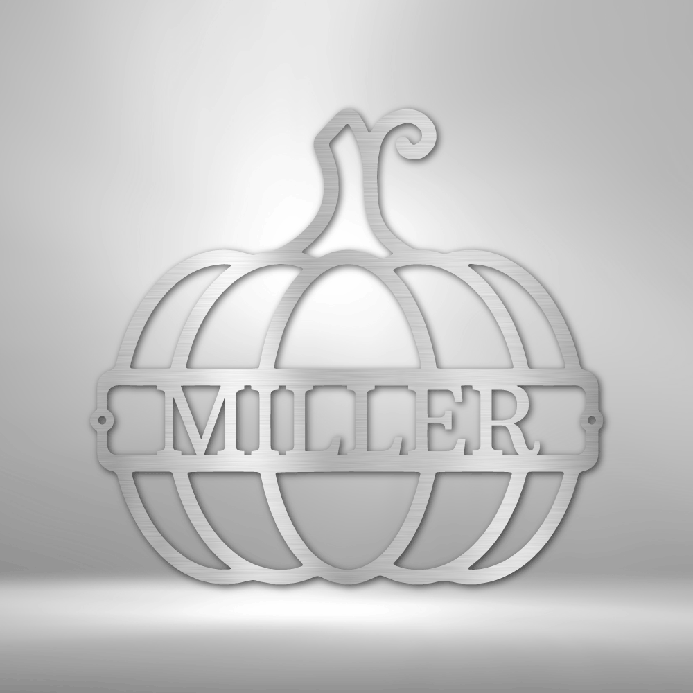 Silver pumpkin metal wall sign, custom engraved family name, indoor and outdoor use.