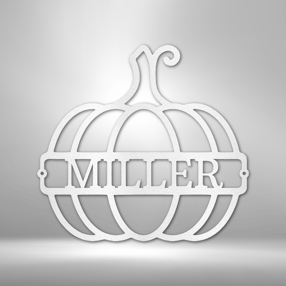 Rustic pumpkin sign with personalized last name for porch or entryway décor.