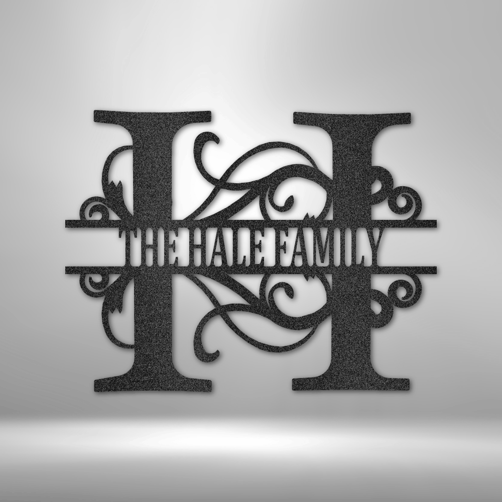 Decorative metal wall art with 'Hale Family' on a gray background