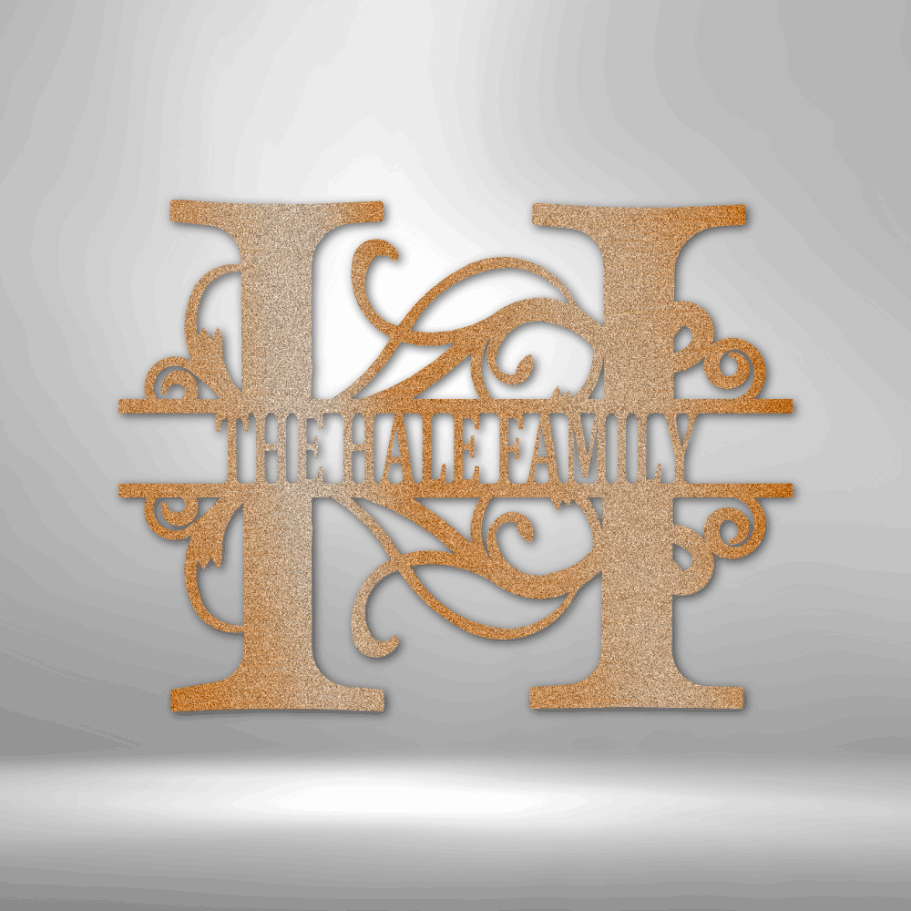 Decorative metal wall art with 'The Hale Family' on a gray background