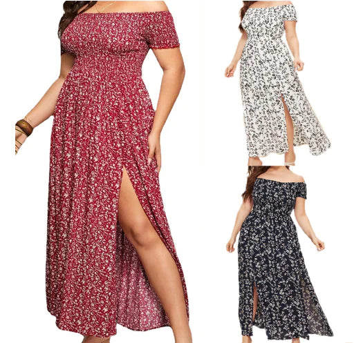 Off-shoulder floral maxi dress with side slit: 4 different variations