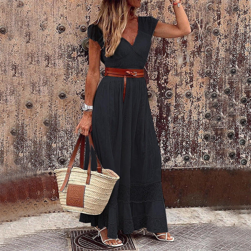 Summer formal gown with V-neck and cap sleeves