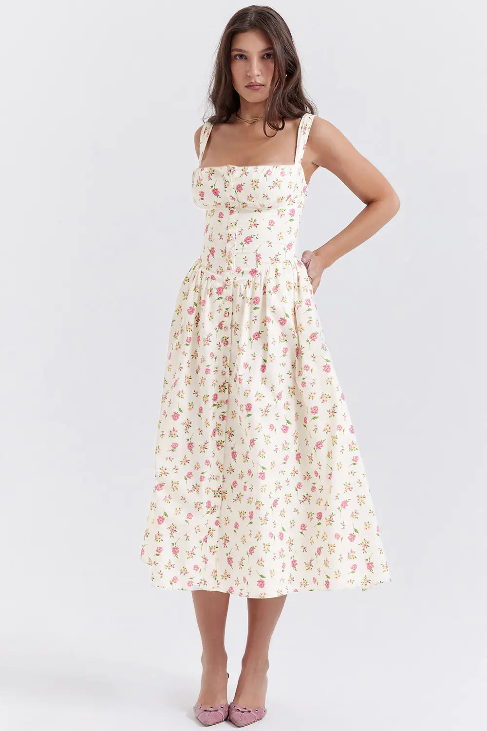 Romantic garden party dress with wide straps and floral print