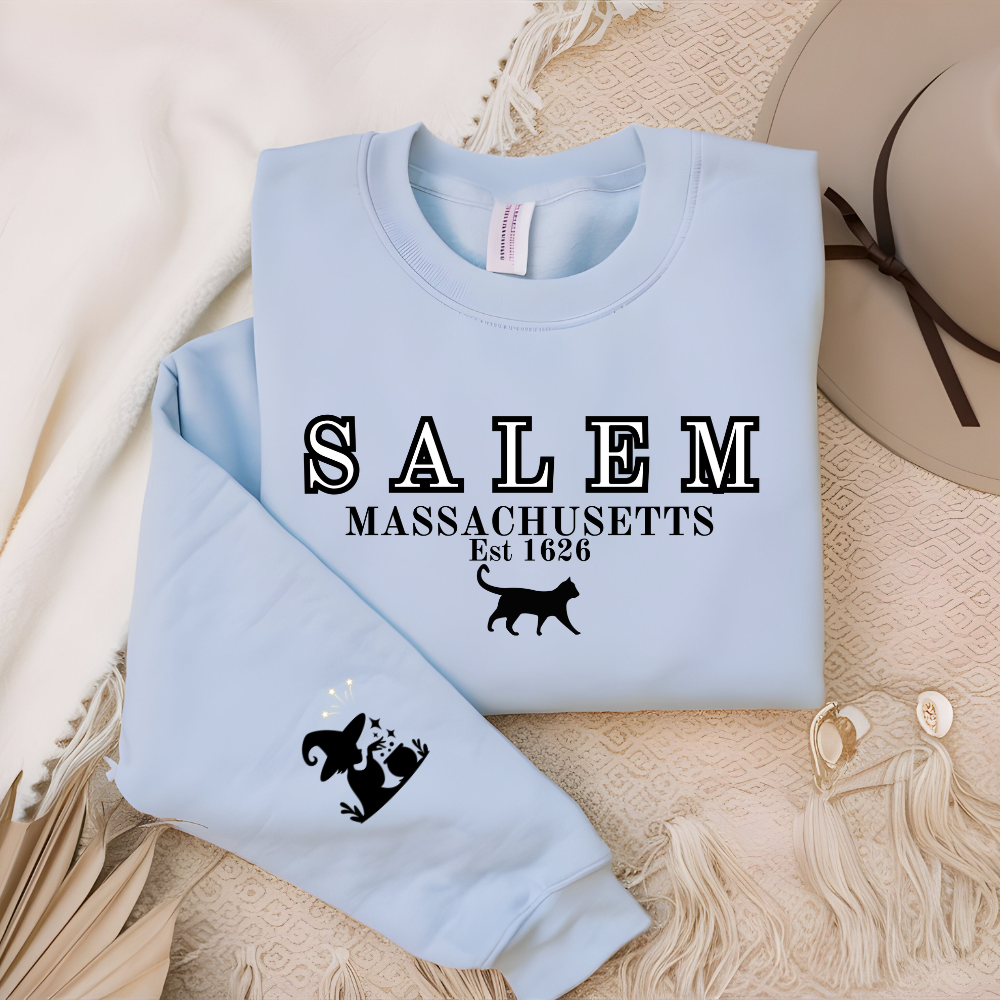 Salem, Massachusetts Est. 1629 Halloween Sweatshirt - Custom Design with Witch & Black Cat
