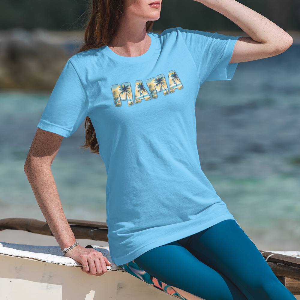 Tropical beach graphic on teal unisex cotton shirt