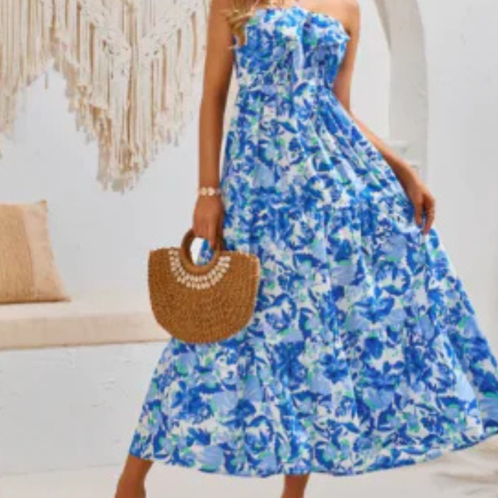 Strapless blue floral maxi dress with A-line silhouette