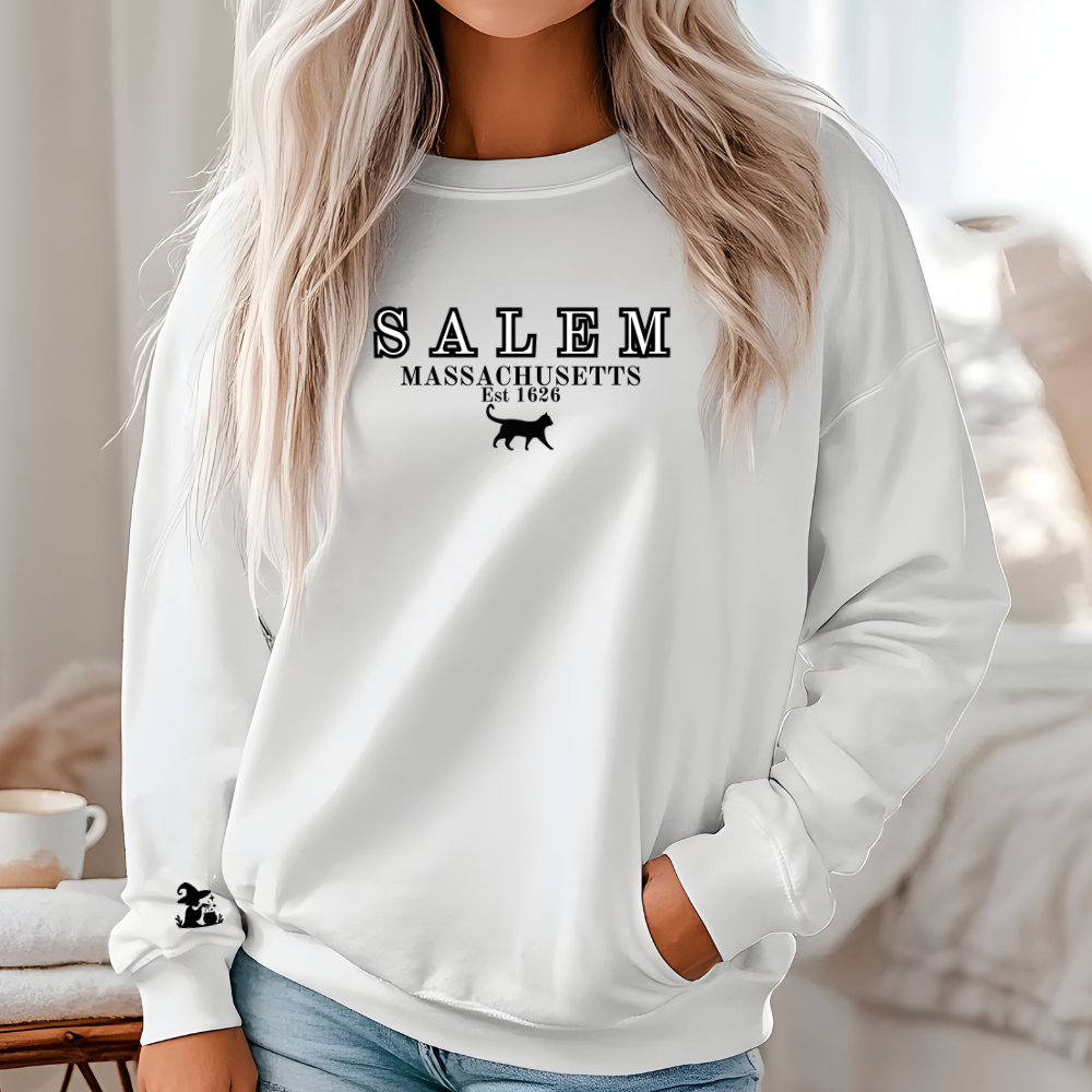 Salem, Massachusetts Est. 1629 Halloween Sweatshirt - Custom Design with Witch & Black Cat