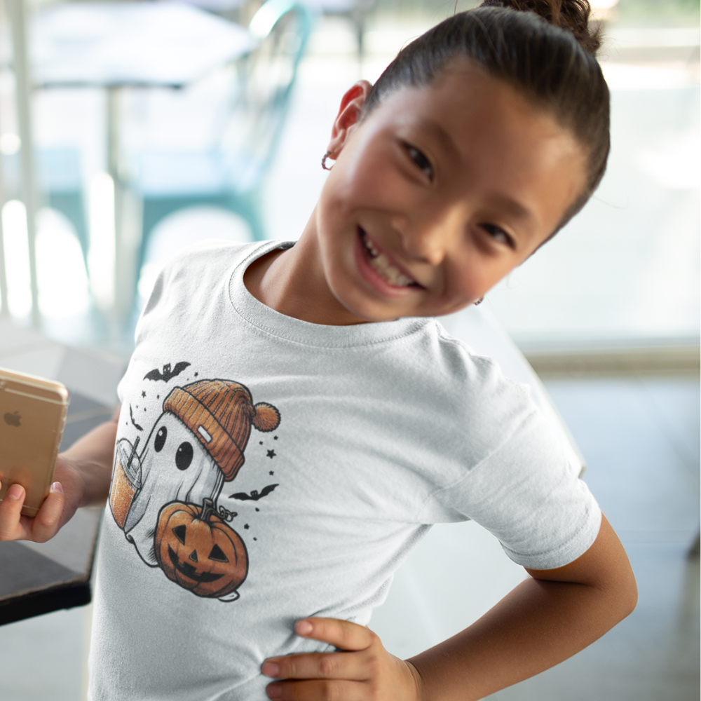 Halloween| Cute Halloween Ghost T-Shirt for Kids | Orange Beanie & Festive Drink Desi