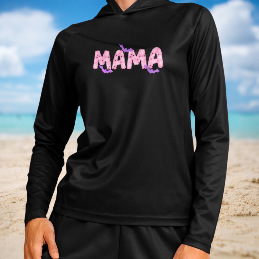 Mama Long Sleeve Hooded Performance Shirt – Halloween -Themed Activewear for Moms