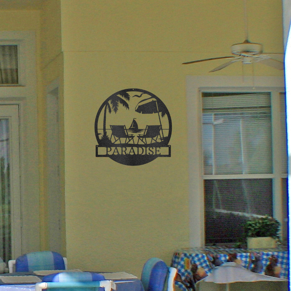 Paradise Beach Metal Wall Art – Coastal Outdoor Decor | Custom Steel Sign for Home, Patio, or Beach House