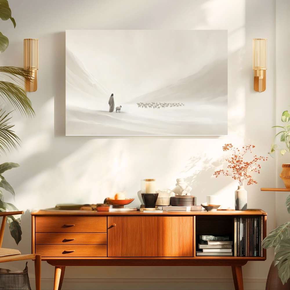 Wooden sideboard with decorative items in a room with plants and wall art.