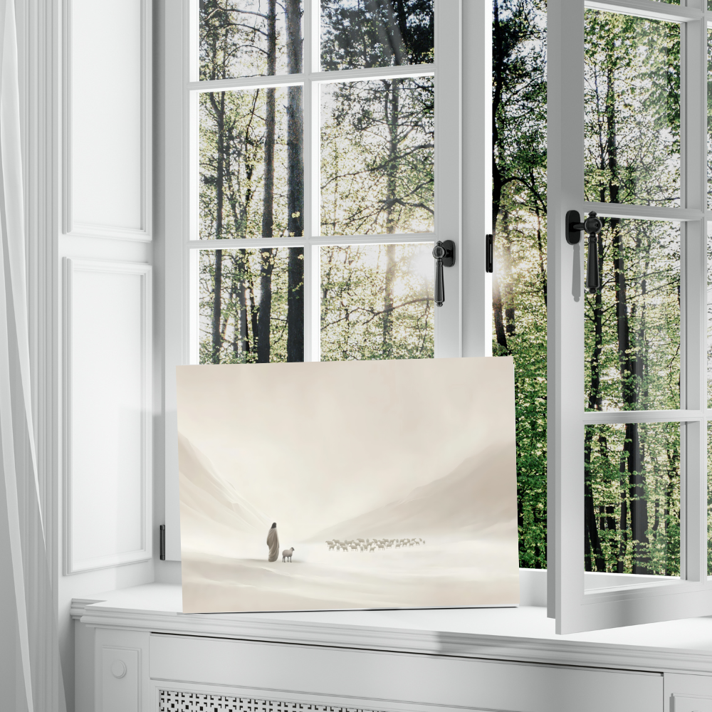 Window with a view of a forest, featuring a framed picture of a person with a dog on a windowsill.