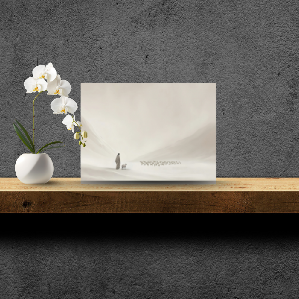 Glass panel with a minimalist design of a person and dog on a beach, placed on a wooden surface with a white orchid in the background.