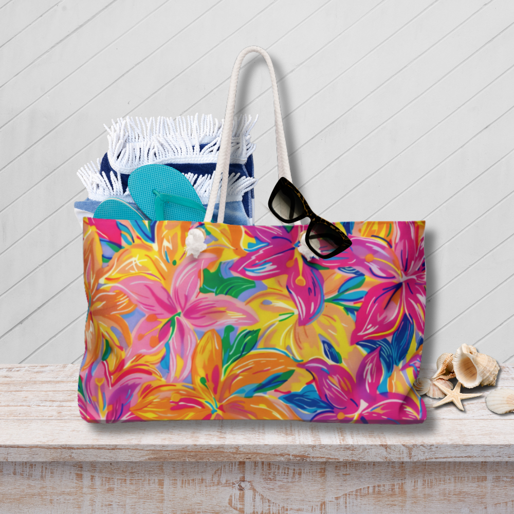 Colorful floral tote bag with sunglasses and flip-flops on a wooden surface.