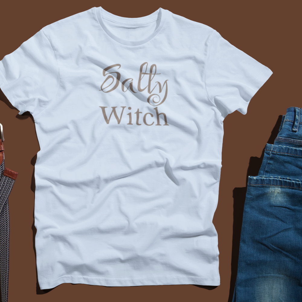 White t-shirt with 'Sally Witch' text on a brown background