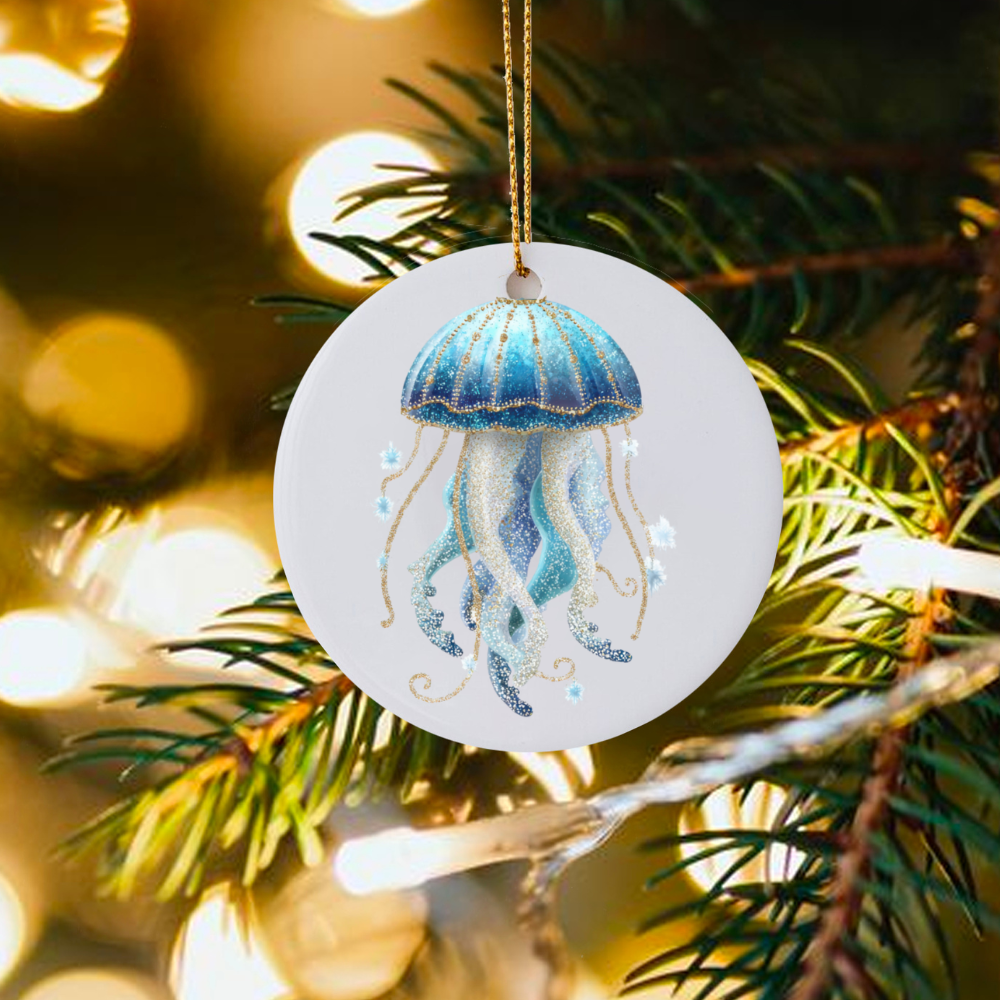 Decorative jellyfish ornament on a Christmas tree with blurred lights in the background