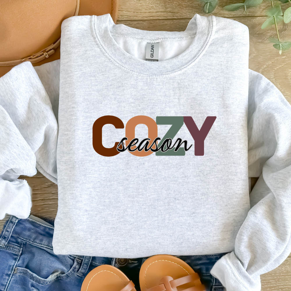 Neutral fall pullover with cozy season text design