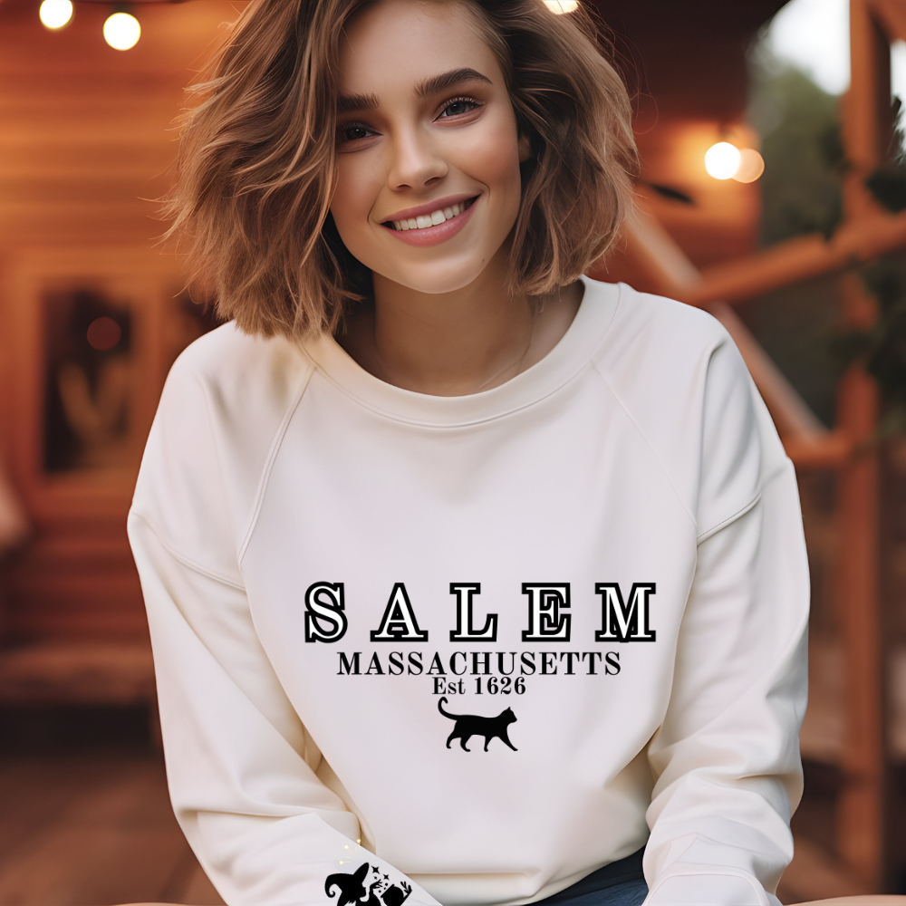 Salem, Massachusetts Est. 1629 Halloween Sweatshirt - Custom Design with Witch & Black Cat