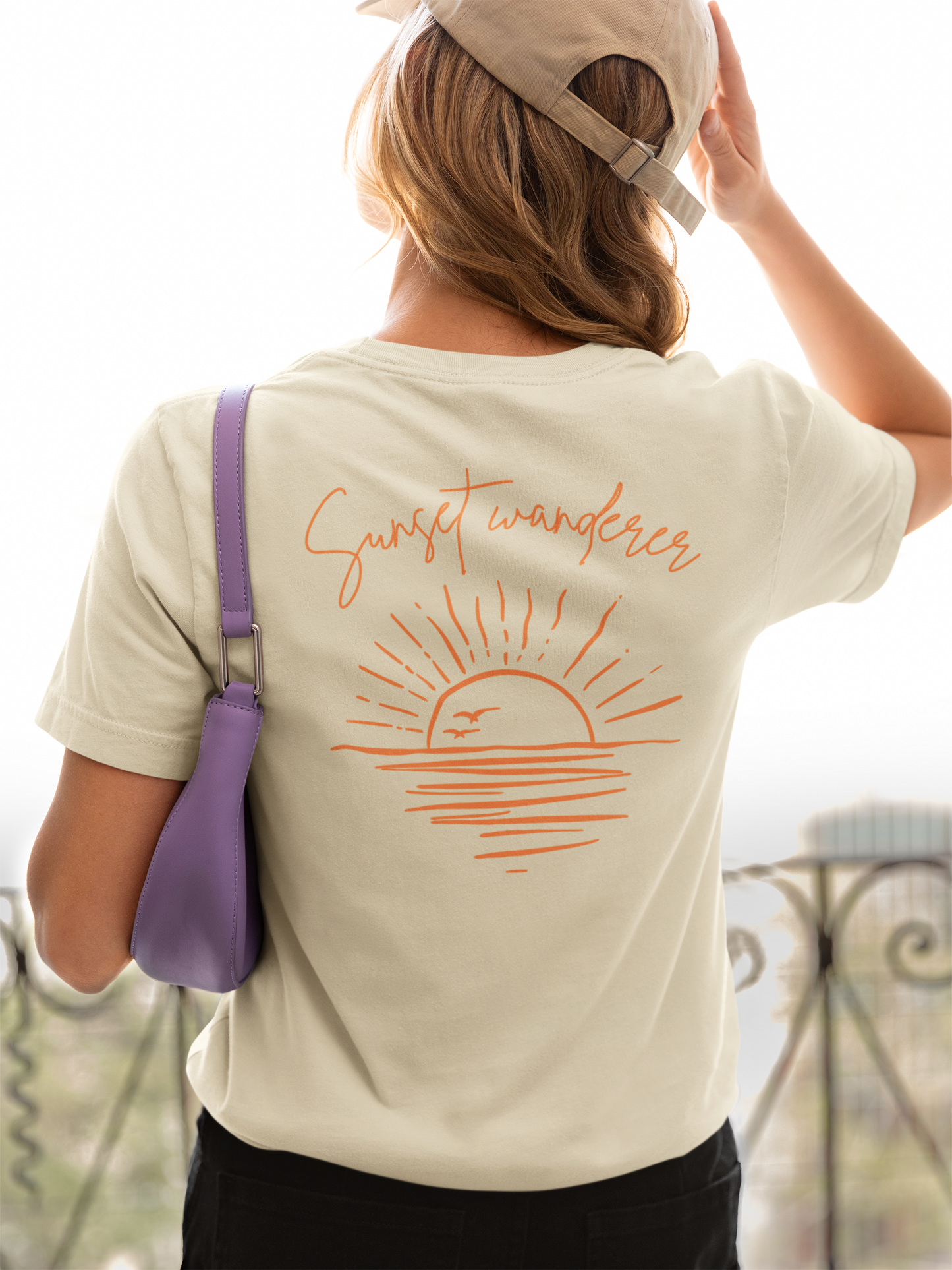 Sunset Wanderer Tee – Soft Pink Boho Beach Graphic Shirt