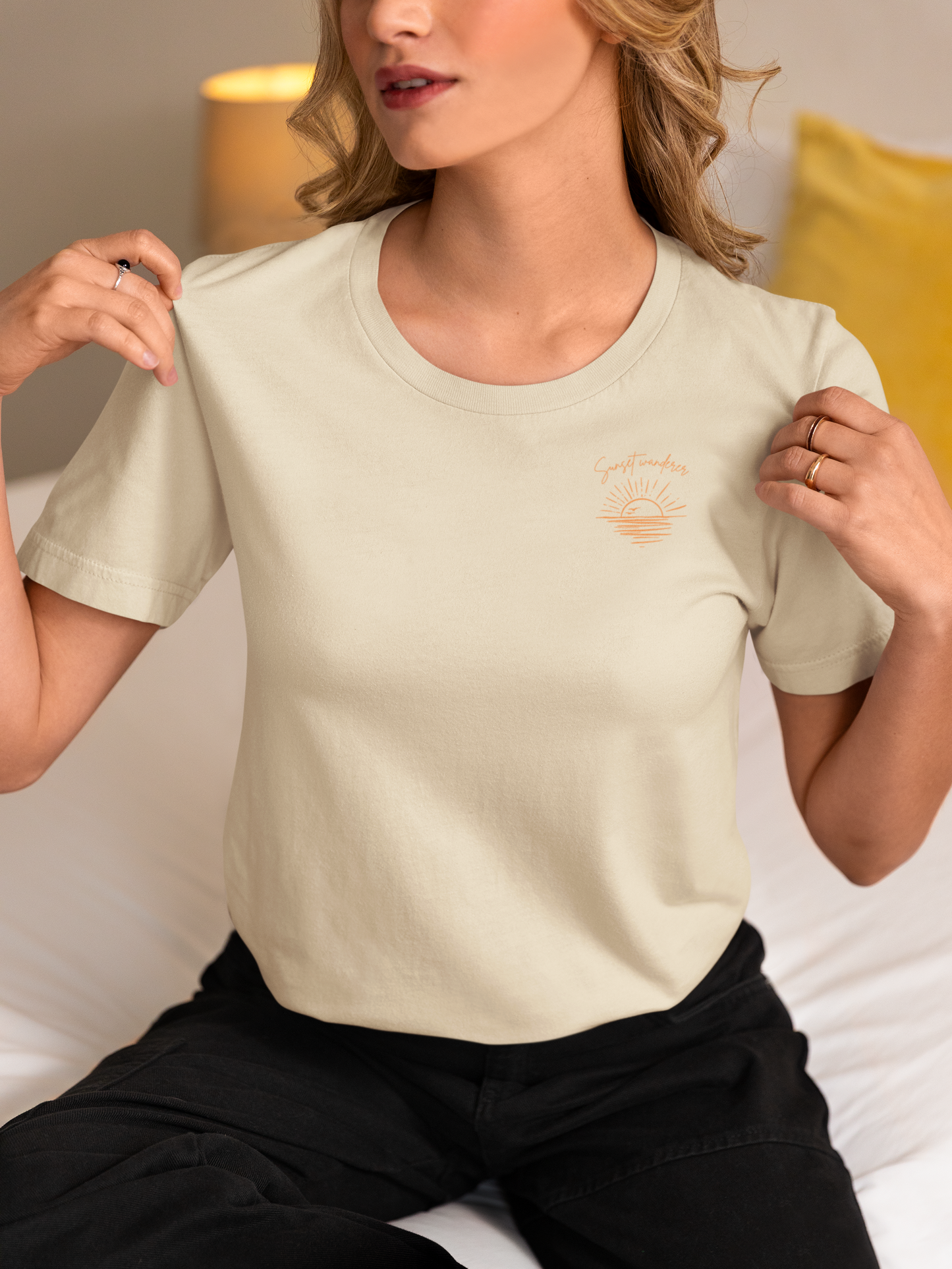 Sunset Wanderer Tee – Soft Pink Boho Beach Graphic Shirt
