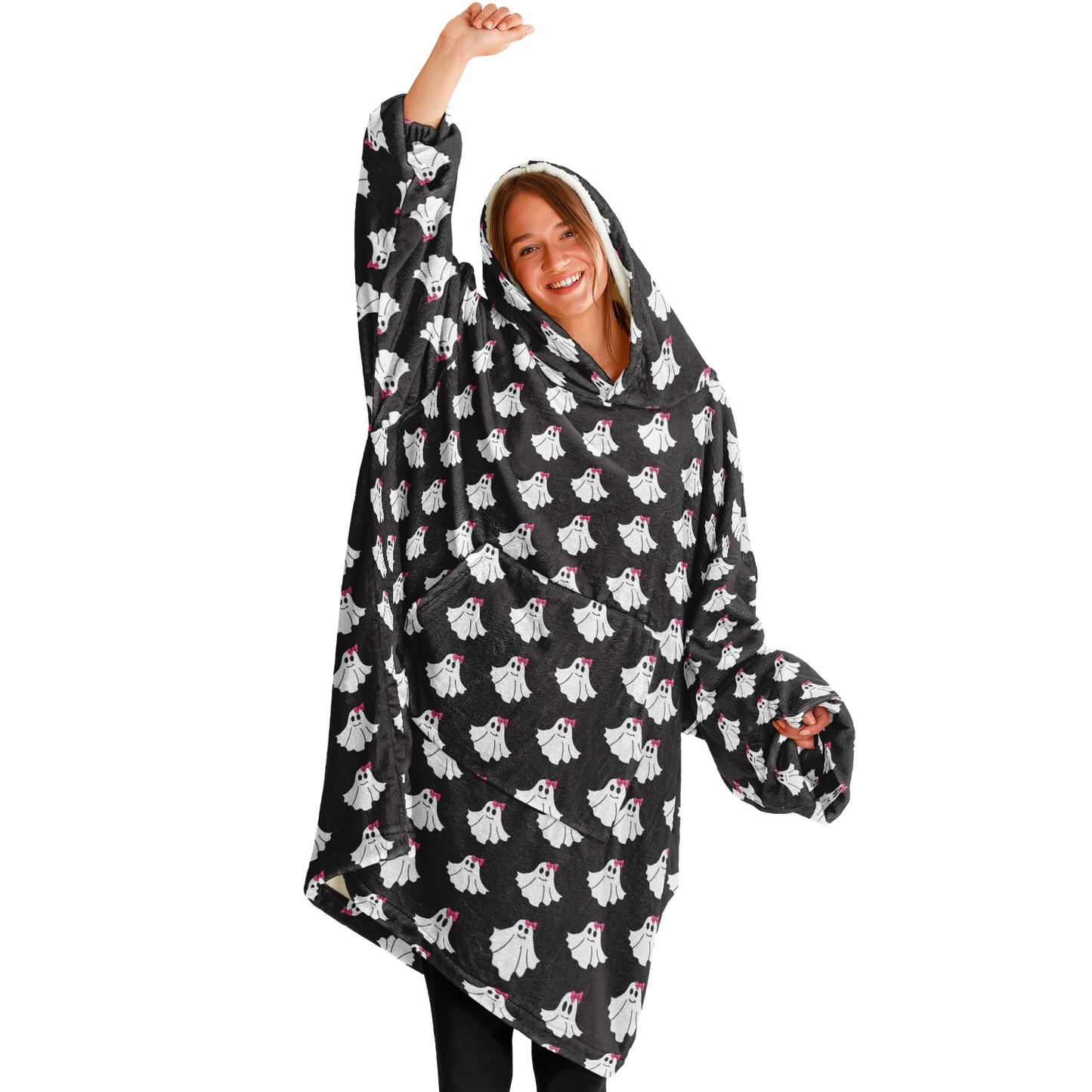 Person wearing a black hoodie with ghost patterns on a white background